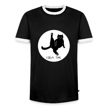 CAT YOGA TIME - Design 2 - Männer Kontrast-T-Shirt - Schwarz/Weiß - Vorne - AI Model Female 172 light (172cm) & AI Model Male 178 light (178cm)