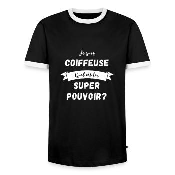 Je suis coiffeuse quel est ton super pouvoir ? - T-shirt contrasté Homme - noir/blanc - Devant - AI Model Female 172 light (172cm) & AI Model Male 178 light (178cm)