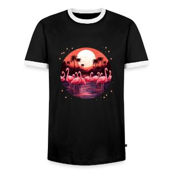 Flamingo Flock Sonnenuntergang, Liebe Flamingos - Männer Kontrast-T-Shirt - Schwarz/Weiß - Vorne - AI Model Female 172 light (172cm) & AI Model Male 178 light (178cm)