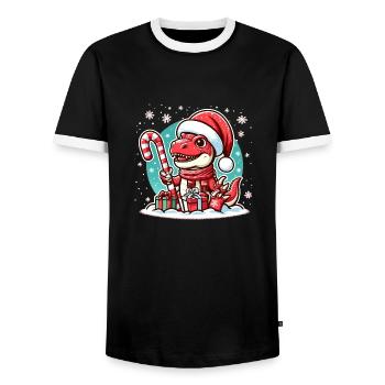 Dinosaure rouge de Noël - T-shirt contrasté Homme - noir/blanc - Devant - AI Model Female 172 light (172cm) & AI Model Male 178 light (178cm)
