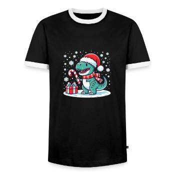 Weihnachtlicher T-Rex - Männer Kontrast-T-Shirt - Schwarz/Weiß - Vorne - AI Model Female 172 light (172cm) & AI Model Male 178 light (178cm)
