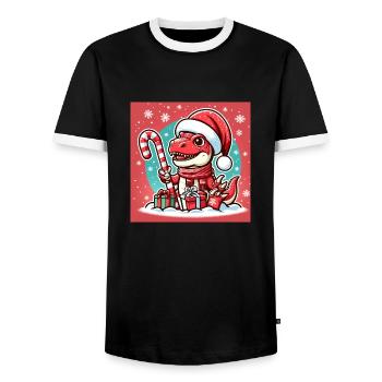 Red Christmas Dinosaur - Men's Ringer Shirt - black/white - Front - AI Model Female 172 light (172cm) & AI Model Male 178 light (178cm)
