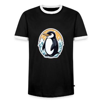 Penguin Christmas Illustration - Men's Ringer Shirt - black/white - Front - AI Model Female 172 light (172cm) & AI Model Male 178 light (178cm)