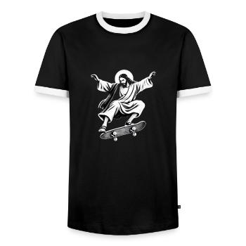 Skater Jesus in Banksy style - Men's Ringer Shirt - black/white - Front - AI Model Female 172 light (172cm) & AI Model Male 178 light (178cm)
