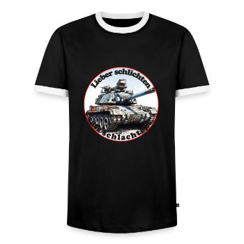 Better to settle than to slaughter - Men's Ringer Shirt - black/white - Front - AI Model Female 172 light (172cm) & AI Model Male 178 light (178cm)