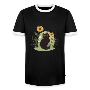 Garden Cat with Sunflowers - Men's Ringer Shirt - black/white - Front - AI Model Female 172 light (172cm) & AI Model Male 178 light (178cm)