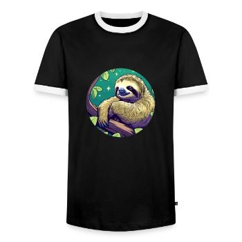 Sleeping Sloth Illustration - Men's Ringer Shirt - black/white - Front - AI Model Female 172 light (172cm) & AI Model Male 178 light (178cm)