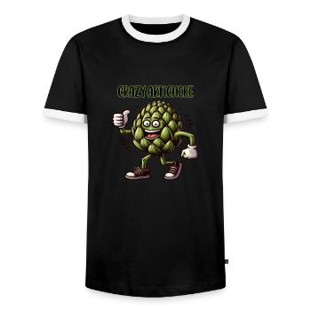 Crazy Veggies: Artichoke Power Walker Thumbs Up - Männer Kontrast-T-Shirt - Schwarz/Weiß - Vorne - AI Model Female 172 light (172cm) & AI Model Male 178 light (178cm)