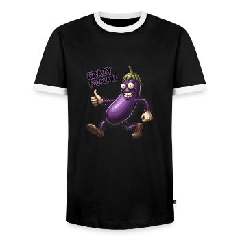 Crazy Veggies: Eggplant Hairy Power Walker - Men's Ringer Shirt - black/white - Front - AI Model Female 172 light (172cm) & AI Model Male 178 light (178cm)