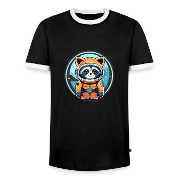 Raccoon Astronaut Illustration - Men's Ringer Shirt - black/white - Front - AI Model Female 172 light (172cm) & AI Model Male 178 light (178cm)