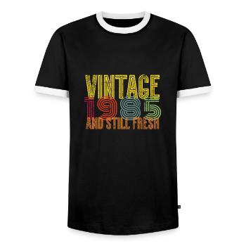1985 Vintage Vintage Birthday Gift - Men's Ringer Shirt - black/white - Front - AI Model Female 172 light (172cm) & AI Model Male 178 light (178cm)