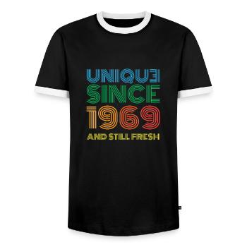 Vintage 1969 - Men's Ringer Shirt - black/white - Front - AI Model Female 172 light (172cm) & AI Model Male 178 light (178cm)