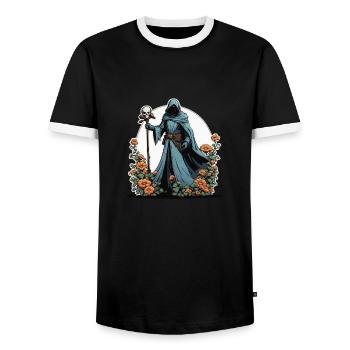 Illustration de fleurs de la Faucheuse - T-shirt contrasté Homme - noir/blanc - Devant - AI Model Female 172 light (172cm) & AI Model Male 178 light (178cm)