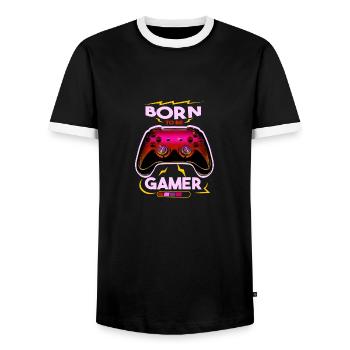 Gaming Controller Design: Born to be Gamer - Men's Ringer Shirt - black/white - Front - AI Model Female 172 light (172cm) & AI Model Male 178 light (178cm)