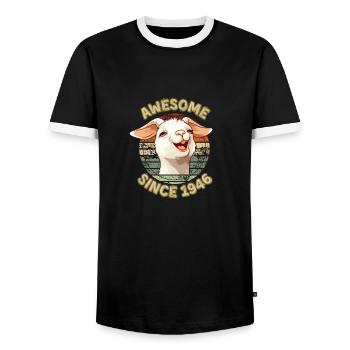 awesome Since 1946 - Humor 1946 Birthday Gift - Men's Ringer Shirt - black/white - Front - AI Model Female 172 light (172cm) & AI Model Male 178 light (178cm)