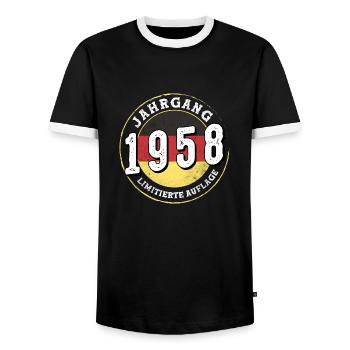 Limitierte Auflage Jahrgangs 1958 Jahrgang 1958 66 - Männer Kontrast-T-Shirt - Schwarz/Weiß - Vorne - AI Model Female 172 light (172cm) & AI Model Male 178 light (178cm)