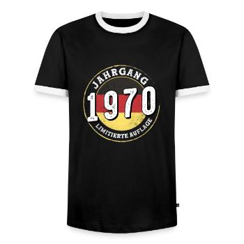Jahrgangs 1970 Limitierte Auflage 54 years old - Men's Ringer Shirt - black/white - Front - AI Model Female 172 light (172cm) & AI Model Male 178 light (178cm)