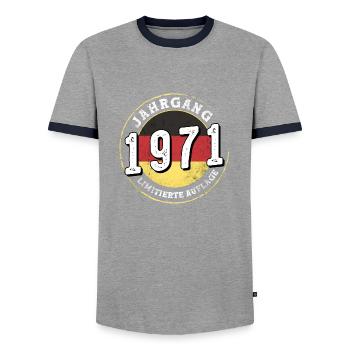 Jahrgangs 1971 Limitierte Auflage 53 Jahre alt - Männer Kontrast-T-Shirt - Grau/Navy  - Vorne - AI Model Female 172 light (172cm) & AI Model Male 178 light (178cm)