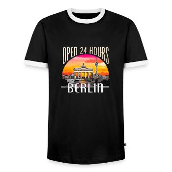 Berlin - open 24 hours - Men's Ringer Shirt - black/white - Front - AI Model Female 172 light (172cm) & AI Model Male 178 light (178cm)