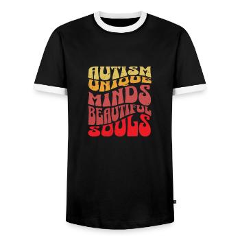 Autism Unique Minds, Beautiful Souls - Men's Ringer Shirt - black/white - Front - AI Model Female 172 light (172cm) & AI Model Male 178 light (178cm)