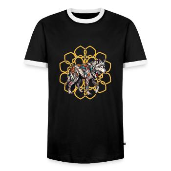 Tribal Wolf in Golden Mandala - Men's Ringer Shirt - black/white - Front - AI Model Female 172 light (172cm) & AI Model Male 178 light (178cm)