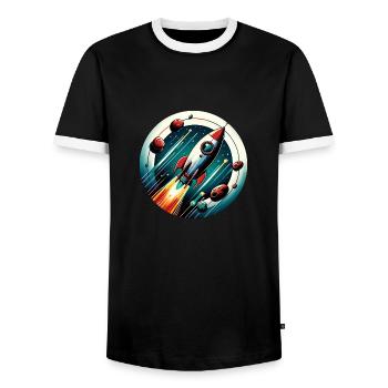 Retro Rocket and Planets - Men's Ringer Shirt - black/white - Front - AI Model Female 172 light (172cm) & AI Model Male 178 light (178cm)