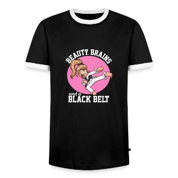 Beauty, Brains And A Black Belt Cartoon - Men's Ringer Shirt - black/white - Front - AI Model Female 172 light (172cm) & AI Model Male 178 light (178cm)