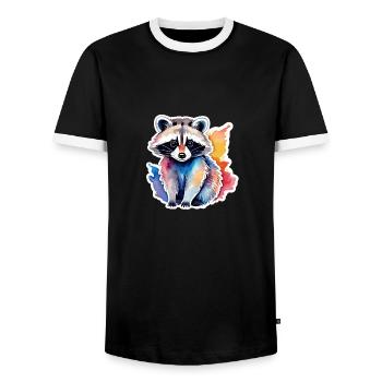 Raccoon Watercolor Illustration - Men's Ringer Shirt - black/white - Front - AI Model Female 172 light (172cm) & AI Model Male 178 light (178cm)