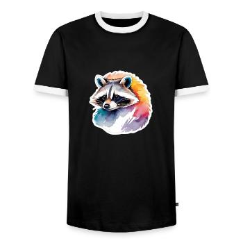 Raccoon Watercolor Illustration - Men's Ringer Shirt - black/white - Front - AI Model Female 172 light (172cm) & AI Model Male 178 light (178cm)