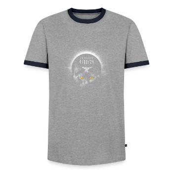 Chat noir mignon avec éclipse solaire totale 2024 - T-shirt contrasté Homme - gris/marine  - Devant - AI Model Female 172 light (172cm) & AI Model Male 178 light (178cm)