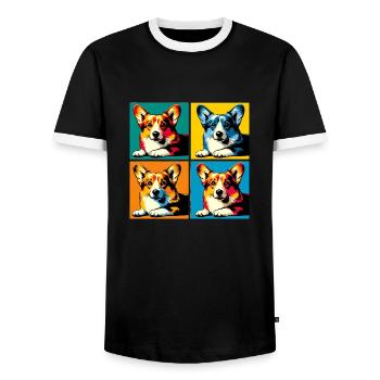 Pop Pembroke Welsh Corgi Dog Portrait - Men's Ringer Shirt - black/white - Front - AI Model Female 172 light (172cm) & AI Model Male 178 light (178cm)