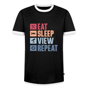 Eat Sleep View Repeat Stargazer Telescope Astronomer - Men's Ringer Shirt - black/white - Front - AI Model Female 172 light (172cm) & AI Model Male 178 light (178cm)