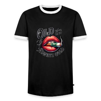 Old but always Gold smoking and lips - Men's Ringer Shirt - black/white - Front - AI Model Female 172 light (172cm) & AI Model Male 178 light (178cm)