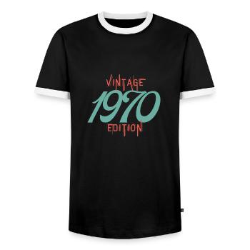 Vintage-Ausgabe aus den 1970er Jahren - Männer Kontrast-T-Shirt - Schwarz/Weiß - Vorne - AI Model Female 172 light (172cm) & AI Model Male 178 light (178cm)