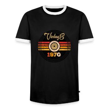 Années 1970 - T-shirt contrasté Homme - noir/blanc - Devant - AI Model Female 172 light (172cm) & AI Model Male 178 light (178cm)