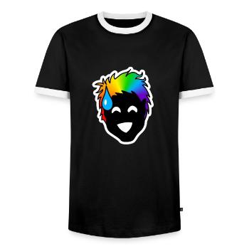 Nervöses, unsicheres Lachen : Sticky Queer Pride - Männer Kontrast-T-Shirt - Schwarz/Weiß - Vorne - AI Model Female 172 light (172cm) & AI Model Male 178 light (178cm)