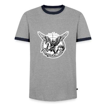 ein Engel, der mit einem Schwert bewaffnet ist - Männer Kontrast-T-Shirt - Grau/Navy  - Vorne - AI Model Female 172 light (172cm) & AI Model Male 178 light (178cm)
