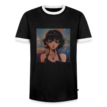 80er Jahre Anime Mädchen beruhigender hochwertiger Modedruck - Männer Kontrast-T-Shirt - Schwarz/Weiß - Vorne - AI Model Female 172 light (172cm) & AI Model Male 178 light (178cm)