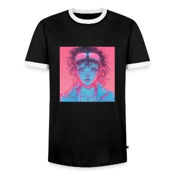 80er Jahre Anime Mädchen beruhigender hochwertiger Modedruck - Männer Kontrast-T-Shirt - Schwarz/Weiß - Vorne - AI Model Female 172 light (172cm) & AI Model Male 178 light (178cm)