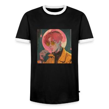 80s anime guy calming high quality fashion print - Men's Ringer Shirt - black/white - Front - AI Model Female 172 light (172cm) & AI Model Male 178 light (178cm)