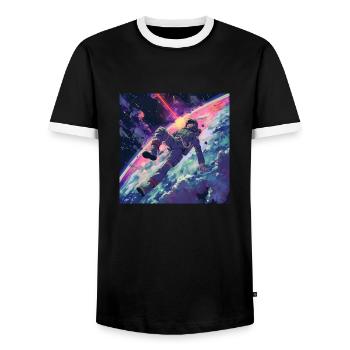 80s anime guy calming high quality fashion print - Men's Ringer Shirt - black/white - Front - AI Model Female 172 light (172cm) & AI Model Male 178 light (178cm)