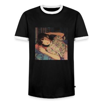 80s anime girl calming high quality fashion print - Men's Ringer Shirt - black/white - Front - AI Model Female 172 light (172cm) & AI Model Male 178 light (178cm)