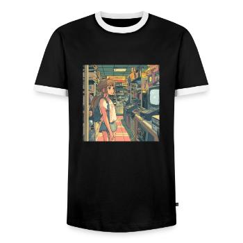 80er Jahre Anime Mädchen beruhigender hochwertiger Modedruck - Männer Kontrast-T-Shirt - Schwarz/Weiß - Vorne - AI Model Female 172 light (172cm) & AI Model Male 178 light (178cm)