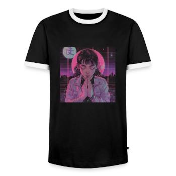 80s anime girl calming high quality fashion print - Men's Ringer Shirt - black/white - Front - AI Model Female 172 light (172cm) & AI Model Male 178 light (178cm)