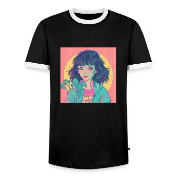 80s anime girl calming high quality fashion print - Men's Ringer Shirt - black/white - Front - AI Model Female 172 light (172cm) & AI Model Male 178 light (178cm)