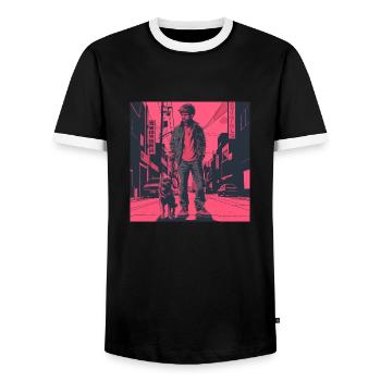 80er Jahre Anime Typ beruhigender hochwertiger Modedruck - Männer Kontrast-T-Shirt - Schwarz/Weiß - Vorne - AI Model Female 172 light (172cm) & AI Model Male 178 light (178cm)