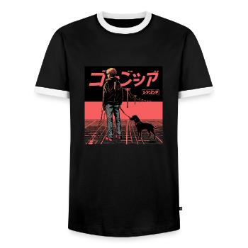 80s anime guy calming high quality fashion print - Men's Ringer Shirt - black/white - Front - AI Model Female 172 light (172cm) & AI Model Male 178 light (178cm)