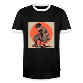 80er Jahre Anime Typ beruhigender hochwertiger Modedruck - Männer Kontrast-T-Shirt - Schwarz/Weiß - Vorne - AI Model Female 172 light (172cm) & AI Model Male 178 light (178cm)