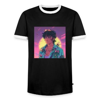 Années 80 Anime Guy Calmant Impression de mode de haute qualité - T-shirt contrasté Homme - noir/blanc - Devant - AI Model Female 172 light (172cm) & AI Model Male 178 light (178cm)