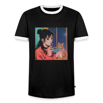 80er Jahre Anime Mädchen beruhigender hochwertiger Modedruck - Männer Kontrast-T-Shirt - Schwarz/Weiß - Vorne - AI Model Female 172 light (172cm) & AI Model Male 178 light (178cm)